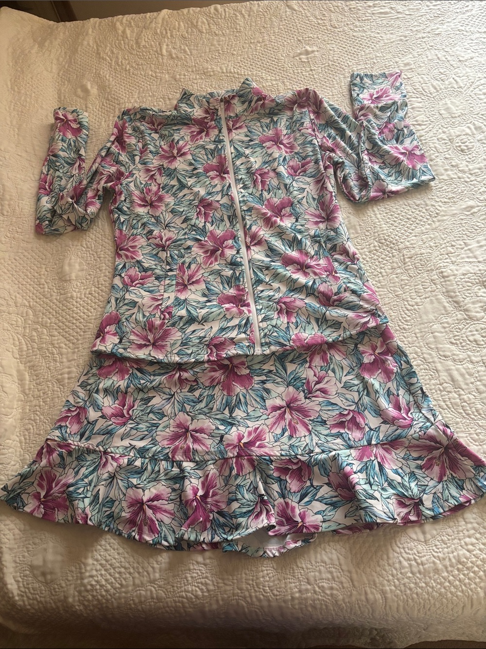 Tommy Bahama Active Floral Zip-Up Top and Ruffle Skirt Set - Pink & Teal Bloom